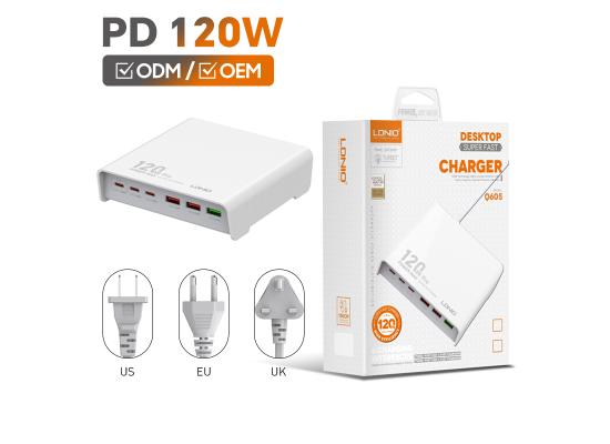 LDNIO Q605 120W 6 Ports USB C PD Tablet Laptop Fast Charger Multi-port High Power Desktop Charger US EU UK Plug Charger Adapter - White